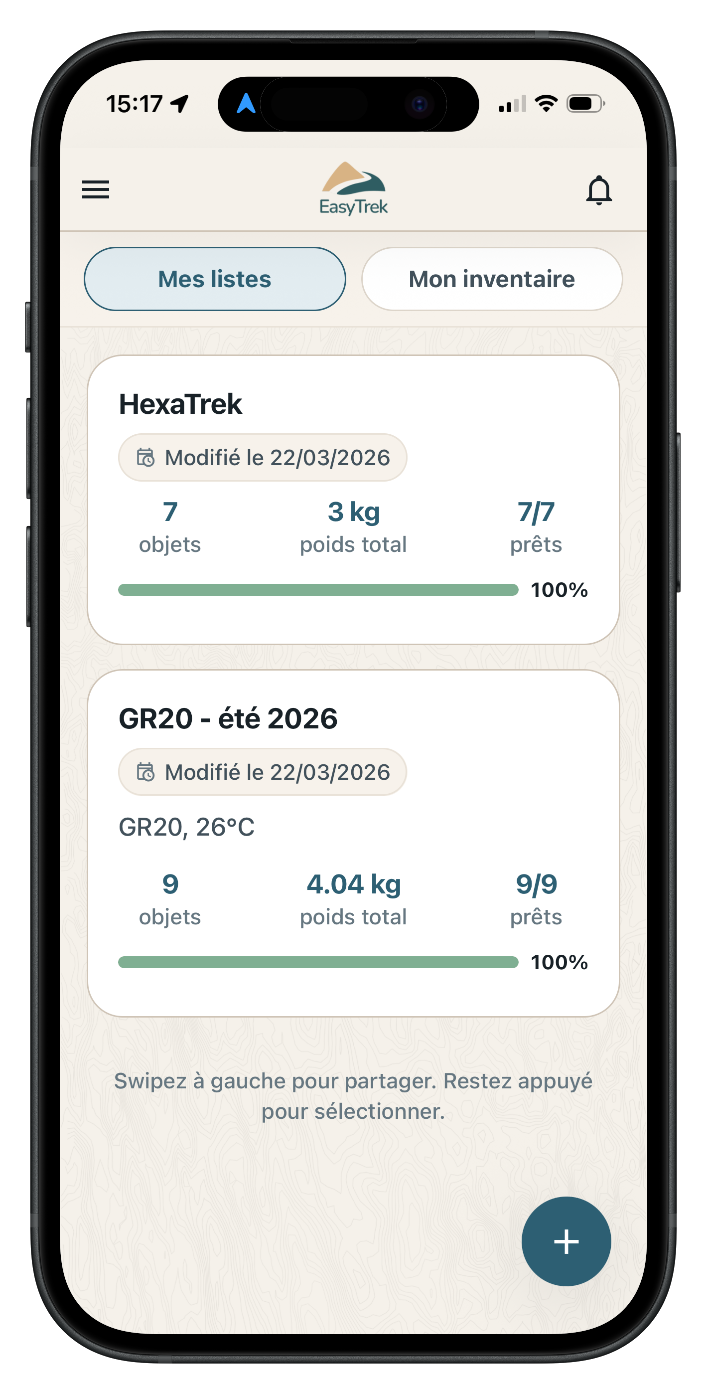 Écran d’accueil EasyTrek avec vue d’ensemble de préparation