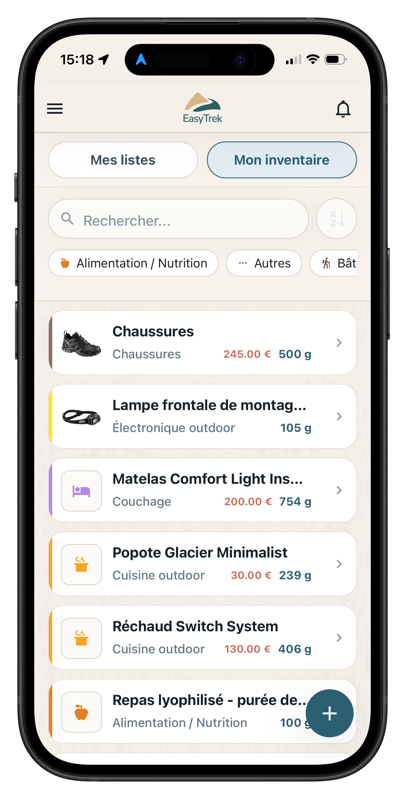 Écran EasyTrek de gestion de l’inventaire matériel